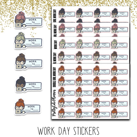 Work Hours Doodle Stickers - Your Choice of Skin Tone - PrettyCutePlanner