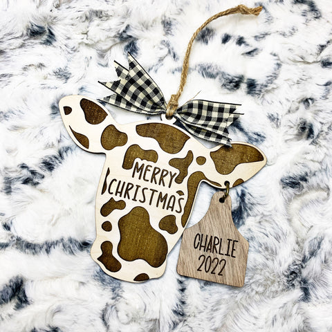 Merry Christmas Cow Ornament with Personalized Live Stock Tag
